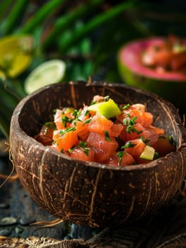 Authentic Fijian kokoda featuring fresh raw fish marinated in tangy lime juice and creamy coconut milk, served in a traditional coconut shell bowl. This vibrant and flavorful Pacific island dish