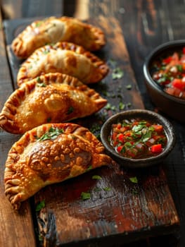 Freshly baked Chilean empanadas, savory pastries filled with a delectable mixture, served alongside a vibrant pebre sauce on a rustic wooden board. This traditional pairing showcases Chilean cuisine
