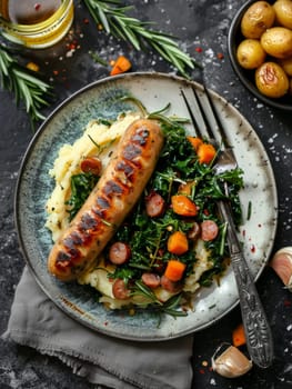 Dutch stamppot, a comforting dish of mashed potatoes mixed with kale, served with a flavorful smoked sausage. This traditional recipe showcases the heartwarming, wholesome flavors of Dutch cuisine