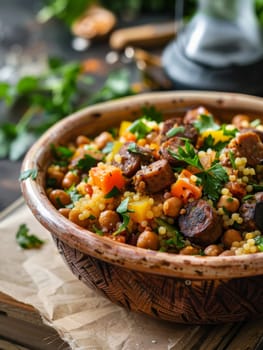 A vibrant bowl of Algerian couscous, featuring fluffy semolina grains with a medley of vegetables, chickpeas, and spicy merguez sausage. This traditional North African dish showcases bold flavors