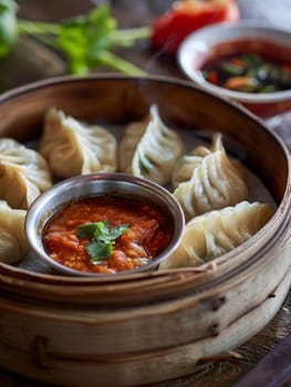 Nepalese momo dumplings, freshly steamed and served with a vibrant tomato-based dipping sauce. These savory Tibetan-inspired treats offer a delectable taste of Nepali culinary heritage