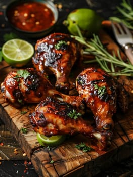 Jamaican jerk chicken, its flavors enhanced by a fiery seasoning blend, is grilled to perfection and served on a rustic wooden plank. Charred limes and a zesty sauce complete this vibrant taste