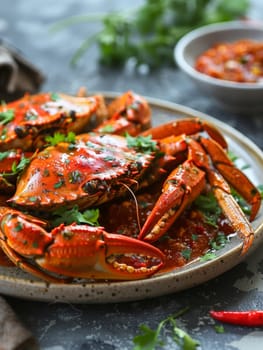 Singaporean chili crab, a beloved regional delicacy, served piping hot on a plate with a vibrant tomato-chili dipping sauce and fresh herbs. The bold tastes of Singaporean cuisine