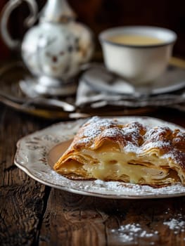 Authentic Austrian apfelstrudel, a flaky pastry filled with sweet apples, dusted with powdered sugar, and served with a side of rich vanilla sauce, captured on an antique plate