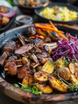 A traditional Maori hangi dish from New Zealand, featuring meats and vegetables slow-cooked in an underground earth oven, displayed on a rustic platter for an authentic and cultural culinary