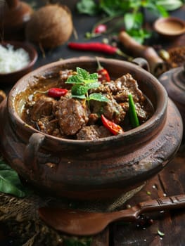 Authentic Indonesian rendang, a slow-cooked beef dish simmered in a rich coconut milk and spice-infused curry. This fragrant, tender, and flavorful Southeast Asian staple represents vibrant culinary