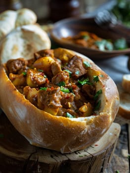 South African bunny chow, a hollowed-out bread loaf filled with a spicy, fragrant meat curry. Iconic street food dish represents the vibrant culinary heritage and comfort food traditions of Africa