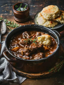 Hungarian goulash, a hearty beef stew simmered in a rich paprika-infused broth, served with fluffy dumplings in a rustic, authentic presentation. Dish represents the traditional of Hungarian cuisine