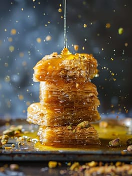 Towering Turkish baklava, with its delicate phyllo dough layers, drizzled in sweet honey and sprinkled with crunchy crushed pistachios - a decadent and authentic Middle Eastern dessert