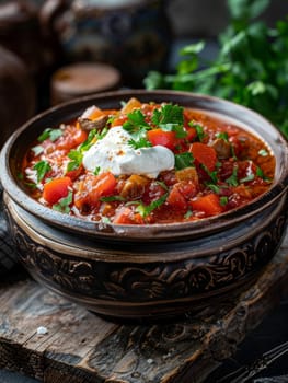 Traditional Ukrainian borscht, a vibrant beetroot-based stew served in a rustic pot and garnished with a dollop of sour cream and fresh parsley - a comforting and flavorful representation