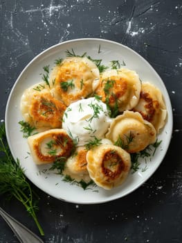 Authentic Polish pierogi, traditional dumplings served on a white plate with a dollop of sour cream and fresh dill - a comforting and delicious representation of Eastern European comfort food