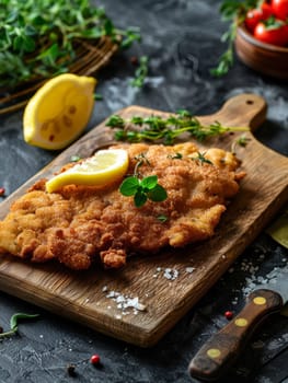 Classic German schnitzel, a tenderized pork cutlet that's breaded and fried to golden perfection, served on a rustic wooden cutting board with a fresh lemon wedge - a hearty traditional European dish