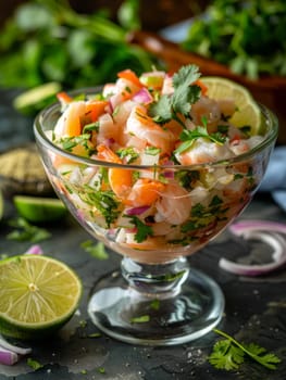 Authentic Peruvian ceviche, featuring fresh fish marinated in a zesty lime and onion mixture, garnished with fragrant cilantro - a light, refreshing, and flavor-packed of Latin American cuisine