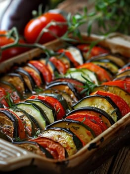 Delicious homemade French ratatouille in a rustic baking dish, showcasing the vibrant colors and textures of fresh zucchini slices. A Mediterranean vegetable dish that's healthy and full of flavor