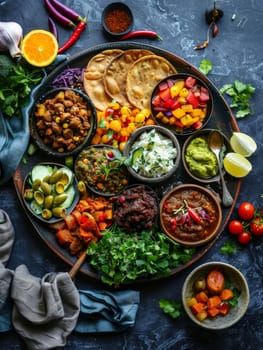 A traditional Ethiopian injera platter featuring a variety of spicy stews and vibrant vegetable side dishes. This authentic, homemade spread showcases the rich and flavorful cuisine of Ethiopia