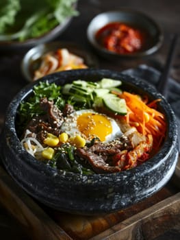 An elaborate Korean bibimbap served in a traditional stone bowl, featuring an assortment of fresh vegetables, tender beef, and a sunny-side-up egg. This authentic, vibrant dish showcases the flavors
