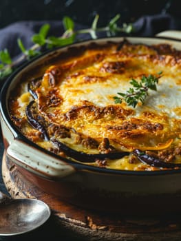 Delectable Greek moussaka baked in a ceramic dish, showcasing the classic layers of eggplant, minced meat, and rich bechamel sauce. Mediterranean dish is a comforting, homemade culinary delight