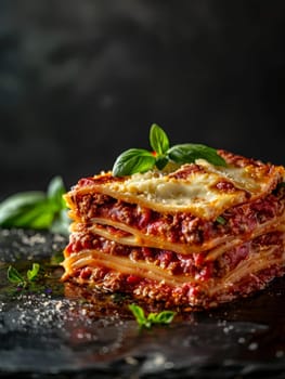Mouthwatering Italian lasagna with distinct layers of pasta, creamy ricotta, flavorful meat sauce, and melted mozzarella cheese. Homemade dish embodies the comfort and richness Italian cuisine