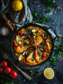 Authentic Spanish paella with a delectable combination of seafood, chicken, and saffron-infused rice, cooked to perfection in a traditional paella pan, showcasing Mediterranean cuisine