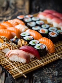A beautifully arranged Japanese sushi platter featuring an assortment of fresh nigiri and sashimi, elegantly presented on a bamboo mat and showcasing authentic flavors of traditional Japanese cuisine