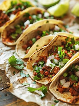 A vibrant display of authentic Mexican tacos, featuring a variety of fillings wrapped in soft corn tortillas and topped with fresh cilantro, onions, and tangy lime slices