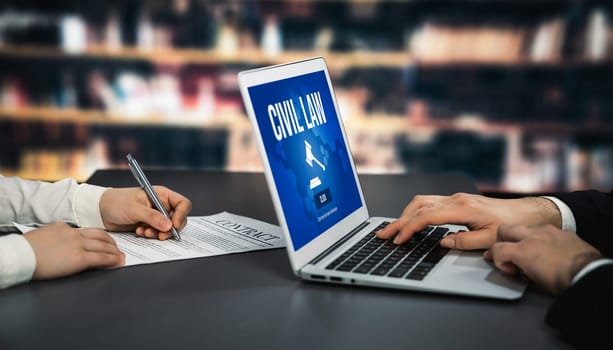 Civil law savvy information showing on laptop computer screen for Common Justice Legal Regulation Rights Concept