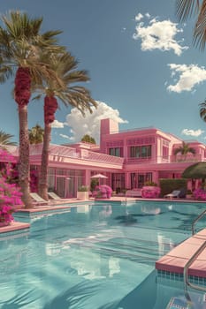 A charming pink building with a swimming pool in front of it, surrounded by azure skies and lush green trees. The property offers leisure and relaxation in a tranquil setting
