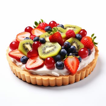 Tasty Fruit Pie on White Background. Fruit Tart with Fresh Fruits and Berries: Strawberry, Blueberry, Peach, Kiwi, Raspberry.