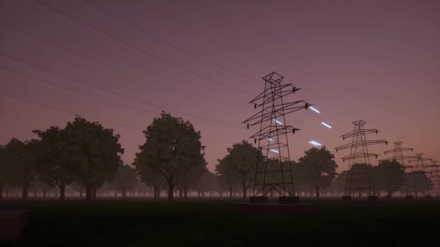 Electrical signal travels along power wires night landscape 3d render