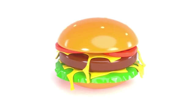 3d plastic delicious cheeseburger hamburger rotates on a white back 3d render