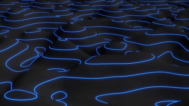 Blue neon curve lines Topography and geography map grid levels 3d render