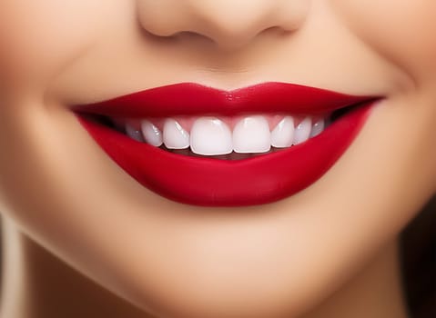 perfect smile with healthy white teeth. Woman's mouth close-up, red lipstick on lips. veneers. result of teeth whitening procedure. image symbolizes oral care dentistry, Closeup on white background