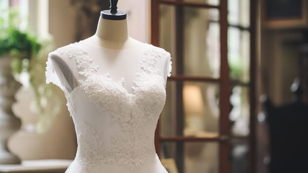 Wedding drees, bridal gown style and bespoke fashion, white tailored ball gown in showroom, tailor fitting, beauty and wedding inspiration