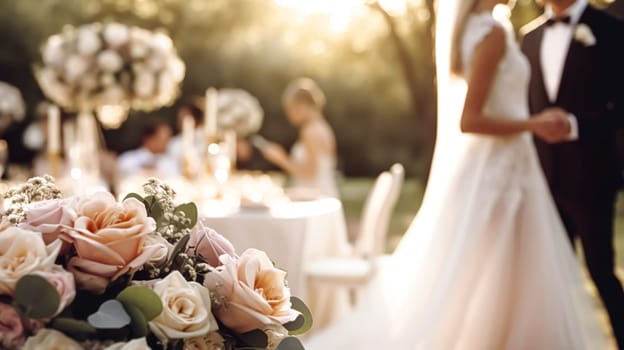 Wedding ceremony and celebration, bride and groom at a beautiful outdoor venue on a sunny day, luxury wedding decor with flowers and bridal bouquet, post-processed, generative ai