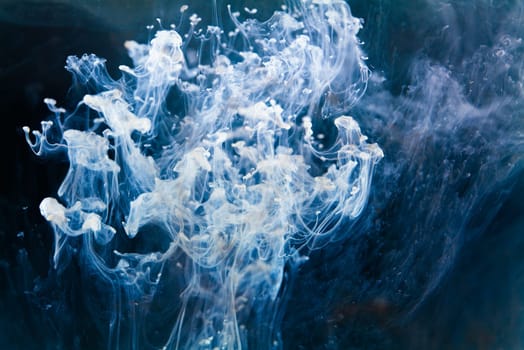 A mesmerizing dance of inky tendrils unfurling through azure waters, evoking a sense of depth and intrigue. white Ink dropped into the water and photographed while in motion.