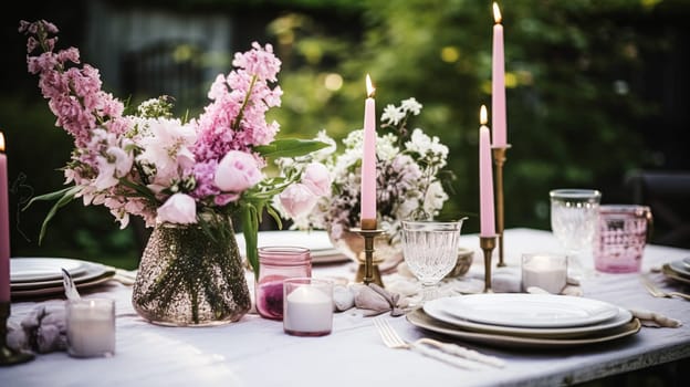 Table decor, holiday tablescape and dinner table setting in countryside garden, formal event decoration for wedding, family celebration, English country and home styling inspiration