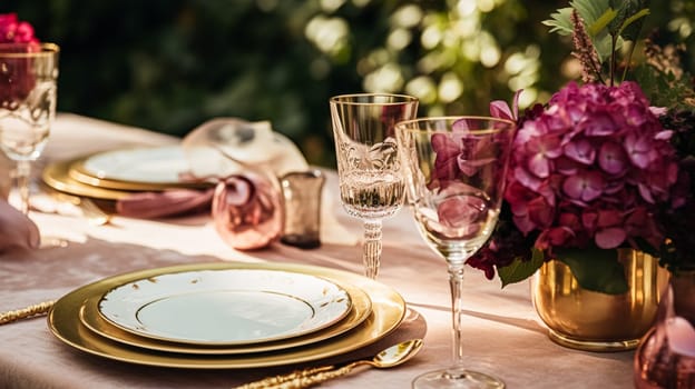 Wedding or formal dinner holiday celebration tablescape with hydrangea flowers in the English countryside garden, table setting and wine, floral table decor for family dinner party, home styling inspiration