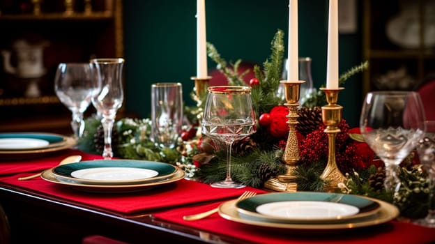 Christmas table decor, holiday tablescape and dinner table setting, formal event decoration for New Year, family celebration, English country and home styling inspiration