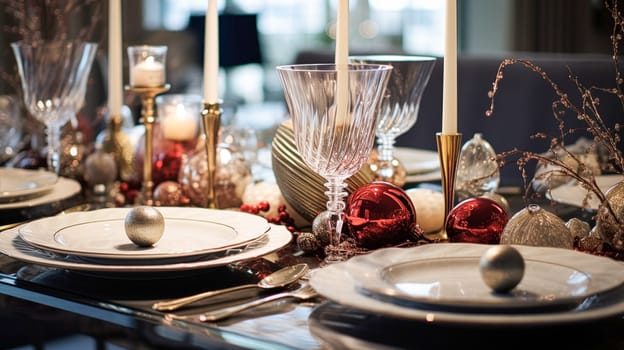 Christmas table decor, holiday tablescape and dinner table setting, formal event decoration for New Year, family celebration, English country and home styling inspiration