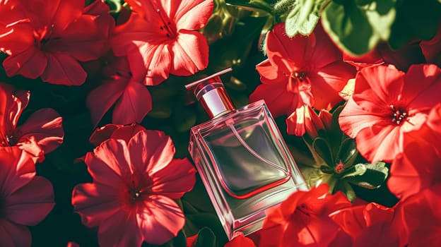 Perfume bottle in flowers, fragrance on blooming background, floral scent and cosmetic product idea