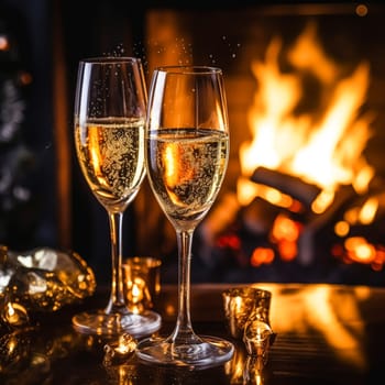 Sparkling wine, proseco or champagne in front of a fireplace on a holiday eve celebration, Merry Christmas, Happy New Year and Happy Holidays idea