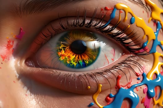 a human eye surrounded by a vibrant explosion of colorful paint splatters, symbolizing creativity and the spectrum of human vision.