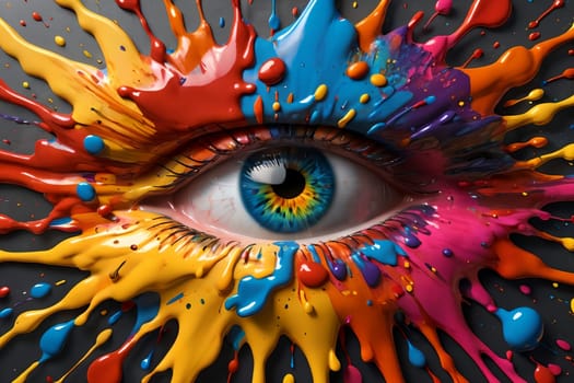 a human eye surrounded by a vibrant explosion of colorful paint splatters, symbolizing creativity and the spectrum of human vision.