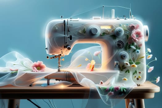 sewing machine and translucent fabric with flowers .