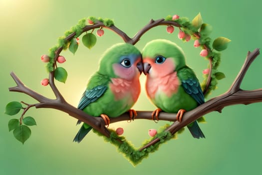 parrots in love hugging on a branch, Valentine's Day, greeting card .