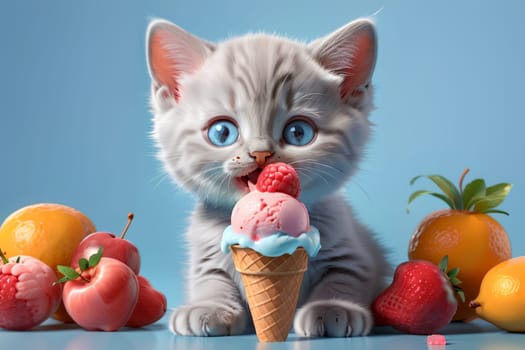 Cute cute kitten with cool tasty ice cream, isolated on light blue background .