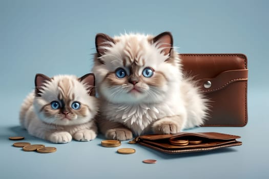 cute Ragdoll kitten with wallet and coins, isolated on blue background .