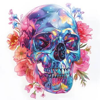 A skull with colorful flowers around it, featuring magenta and blue petals. The jawbone is visible, and the eye sockets are like sunglasses. The artistic design stands out on a white background