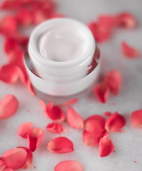 luxe face cream and rose petals - cosmetics with flowers styled beauty concept, elegant visuals