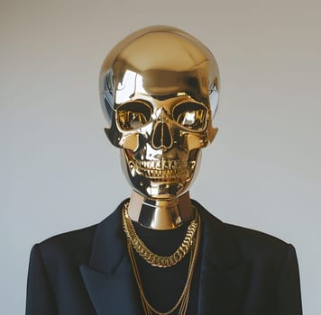 A stylish gold skull with a black jacket, gold chains, and trendy eyewear. The collectable fashion accessory stands out at any event with its metal sleeve and jawbone details